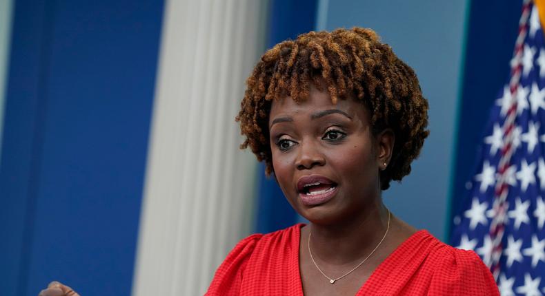 White House press secretary Karine Jean-Pierre speaks about President Joe Biden's positive COVID-19 test during a briefing at the White House, Thursday, July 21, 2022, in Washington.