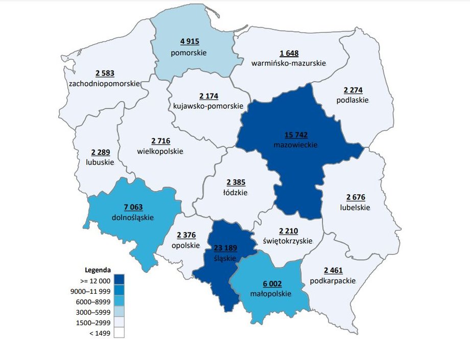 Zgłoszone umowy o dzieło w przeliczeniu na 10 tys. płatników składek, według województw