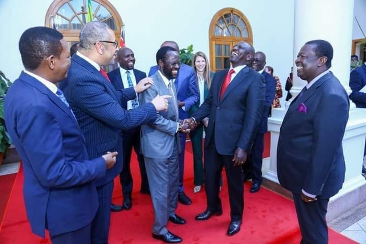 KIsumu Governor Anyang' Nyong'o shares a light moment with President William Ruto at State House