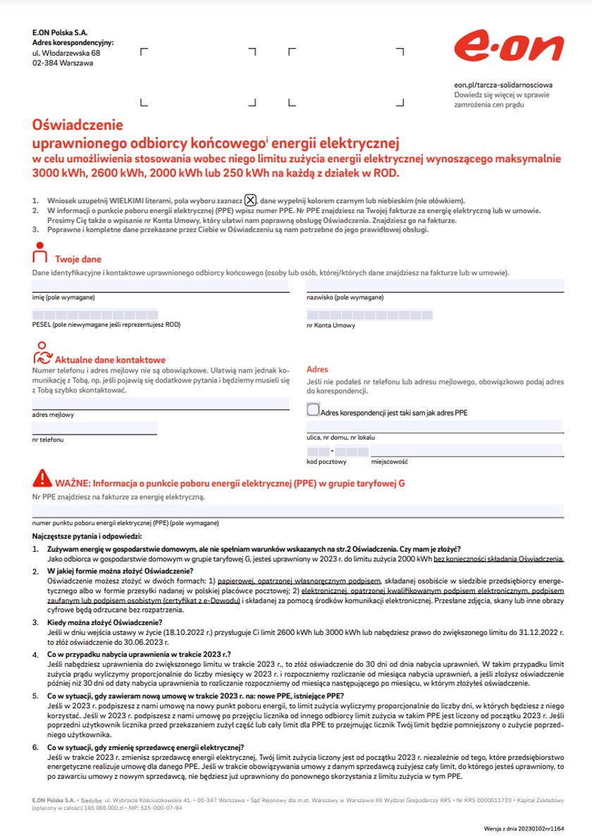 E.ON - wzór oświadczenia