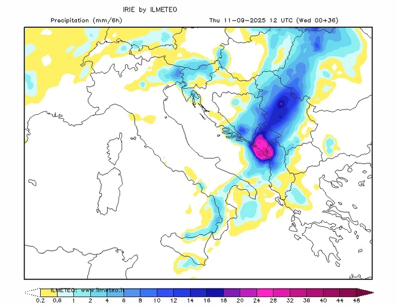 Mapa padavina za četvrtak za 12 sati