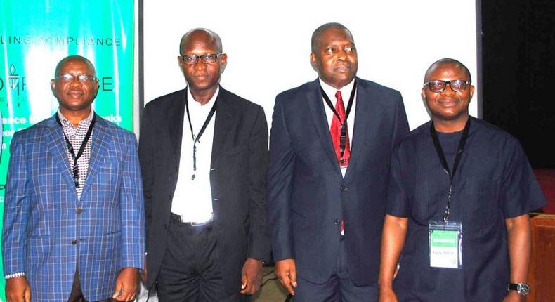 L-R: President/Chairman, Board of Compliance Institute of Nigeria, Mr. Pattison Boleigha; Regulator, Cental Bank of Nigeria on Compliance, Mr. Ogidi Mohammed; Trustee of the Institute, Mr. Olafemi Oyemuga; and Chairman, Finance Committee Board  of Trustee, Mr. Raheem Owodeyi, at the  seminar on compliance for banks and other financial institute in Nigeria