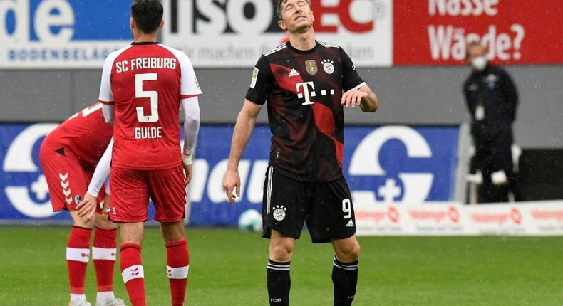 Robert Lewandowski reacts after his miss at Freiburg last Saturday which would have given him a record 41st Bundesliga goal this season Creator: Thomas KIENZLE