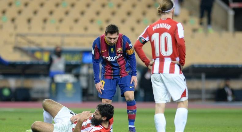 Lionel Messi was sent off after taking a swipe at Asier Villalibre as Barcelona lost the Spanish Super Cup final to Athletic Bilbao