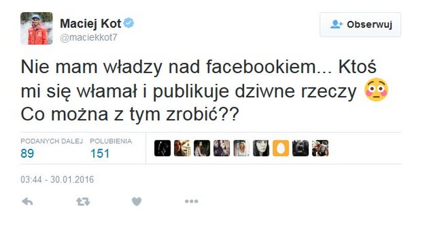 Maciej Kot zaatakowany przez hakerów! Na jego profilu promują pornografię!