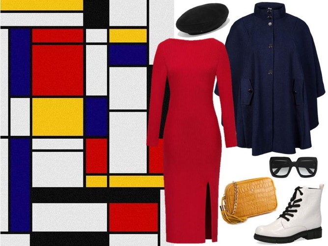 Moda inspirowana sztuką: czerwona sukienka - Cotton Club/ cottonclub.pl, peleryna – Karko/ karko.pl, buty - Caprice/caprice.pl, torebka - Menbur/menbur.pl, pozostałe dodatki - TK MAXX