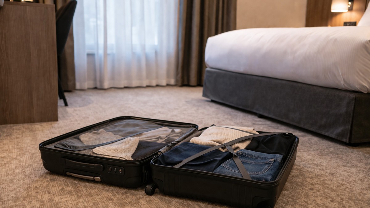 Kofer na podu hotelske sobe