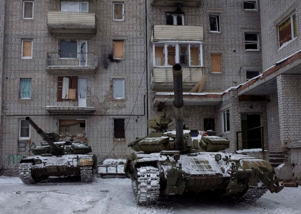 Tanks are seen in the government-held industrial town of Avdiyivka