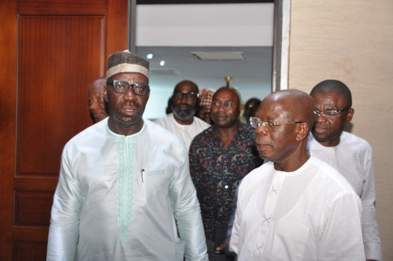 National Chairman of All Progressives Congress (APC), Comrade Adams Oshiomhole, once blamed the Nigerian media for the alleged rift between himself and Gov. Godwin Obaseki [Facebook/Governor Godwin Obaseki]