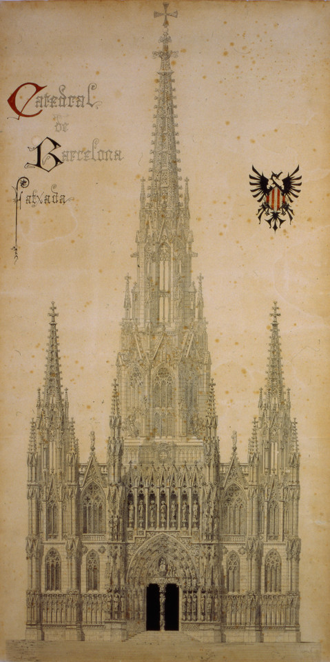 Rzut fasady katedry w Barcelonie (1882). Szkic wykonany przez Gaudíego, opisany przez Lluísa Domènecha i Montanera dla architekta Joana Martorella