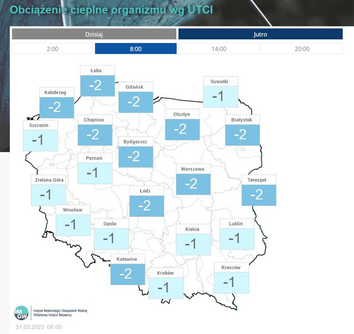 Mapa obciążenia termicznego organizmu człowieka na piątek 31 marca