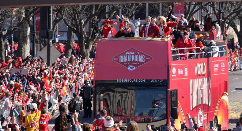 Kansas City Chiefs chairman and CEO Clark Hunt holds the Vince Lombardi Trophy as their bus arrives at the victory rally in Kansas City, Mo., Wednesday, Feb. 14, 2024.Reed Hoffmann/Associated Press