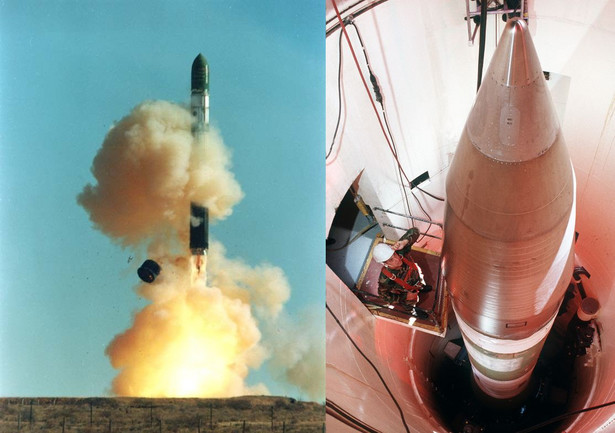 Pociski balistyczne dalekiego zasięgu. Po lewej stronie start rosyjskiej rakiety Dniepr, po prawej amerykańska rakieta Minuteman III w silosie w 1989 roku. Źródło: Creative Commons, ISC Kosmotras (Dniepr) i DOD Defense Visual Information Center (Minuteman)