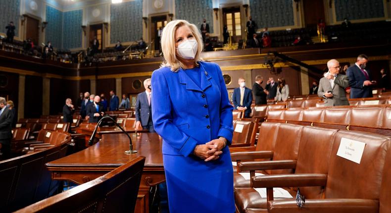 Rep. Liz Cheney (R-Wyoming) arrives to the House chamber ahead of President Joe Biden speaking to a joint session of Congress on April 28, 2021.
