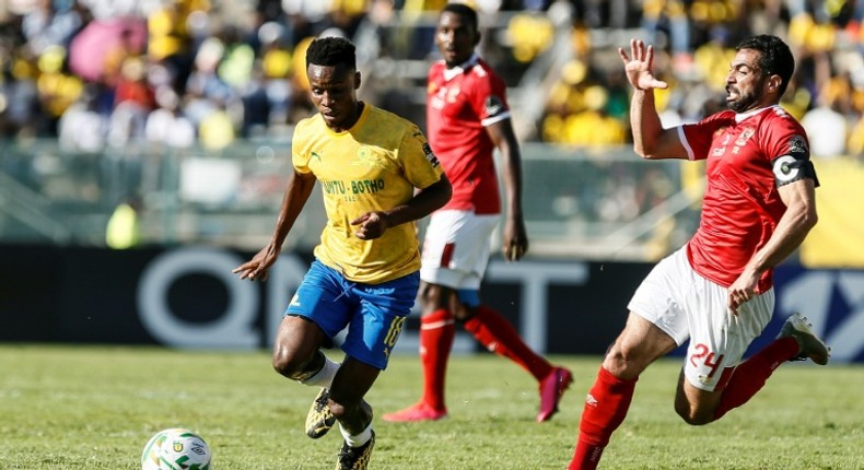 Themba Zwane (L) scored twice for Mamelodi Sundowns Sunday in a CAF Champions League triumph over CR Belouizdad.