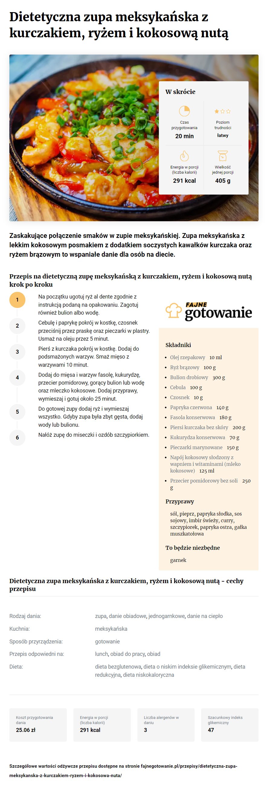 Dietetyczna zupa meksykańska z kurczakiem, ryżem i kokosową nutą