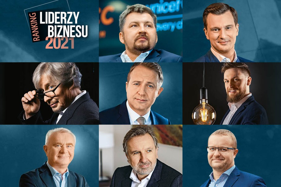 Ranking Liderzy Biznesu 2021. Od lewej u góry: Dariusz Miłek, Tomasz Domogała, Wojciech Sobieraj; Maciej Wieczorek; Michał Borkowski; Krzysztof Pawiński; Michał Sołowow, Paweł Jarski