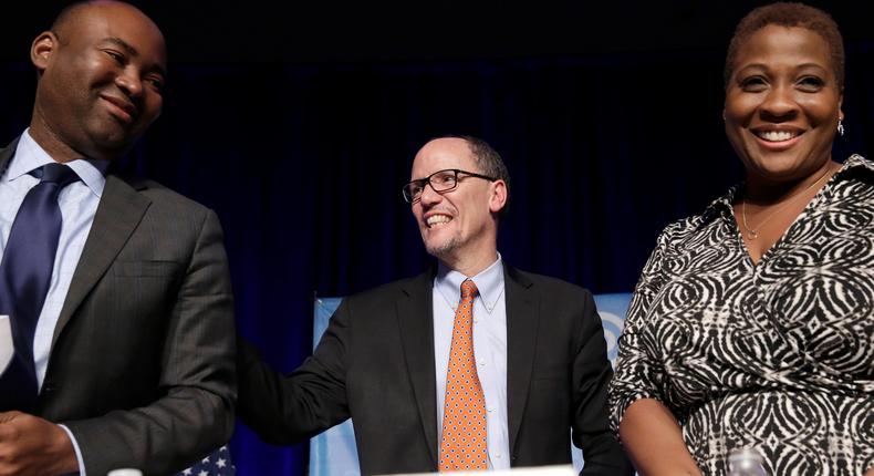 Tom Perez speaks to Jaime Harrison and Jehmu Greene during a Democratic National Committee forum.