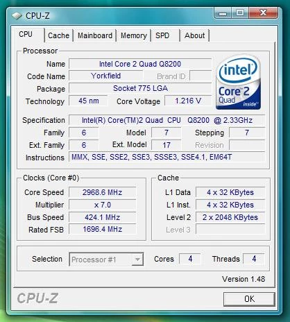 CPU-Z – osiągnięte taktowania procesora po podkręceniu