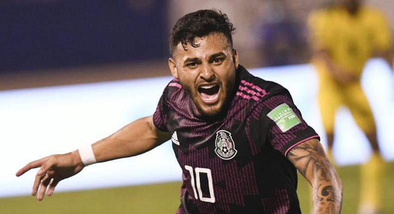 Mexico's Alexis Vega celebrates a goal in a 2-1 win over Jamaica in 2022 World Cup qualifying for the North and Central America and Caribbean (CONCACAF) region Creator: Ricardo Makyn