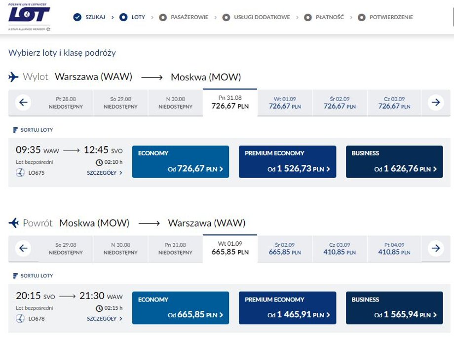 Najbliższe rejsy z Warszawy do Moskwy w systemie rezerwacyjnym PLL LOT