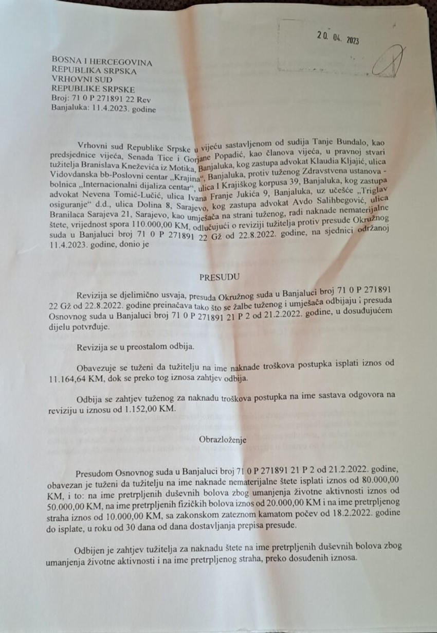 Presuda Vrhovnog suda RS u slučaju Branislava Kneževića