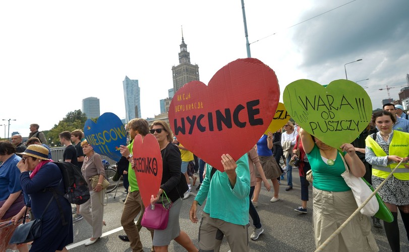 Ludzie maszerujący w obronie Puszczy Białowieskiej