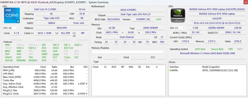 Asus Vivobook Pro 15 OLED – HWiNFO64 – podstawowa specyfikacja laptopa