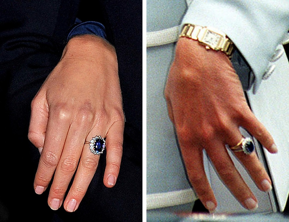 Pierścionek zaręczynowy na palcu Kate Middleton (lewa) i na palcu Diany