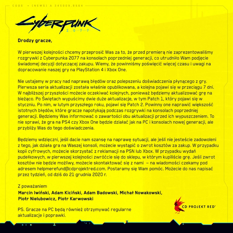 Cyberpunk 2077 PS4 - zwrot gry u CD Projekt RED