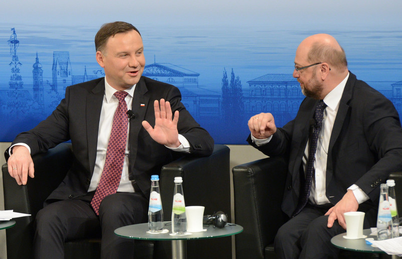 Prezydent RP Andrzej Duda i przewodniczący PE Martin Schulz na Monachijskiej Konferencji Bezpieczeństwa.