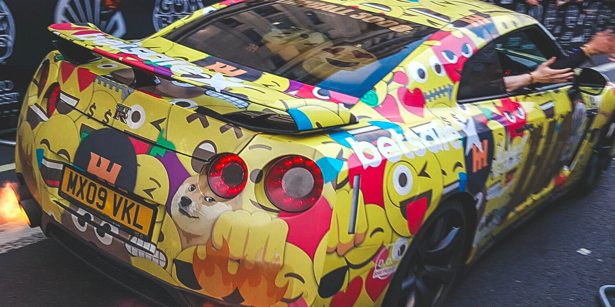 We rode in a Nissan GTR that had been covered in emojis.