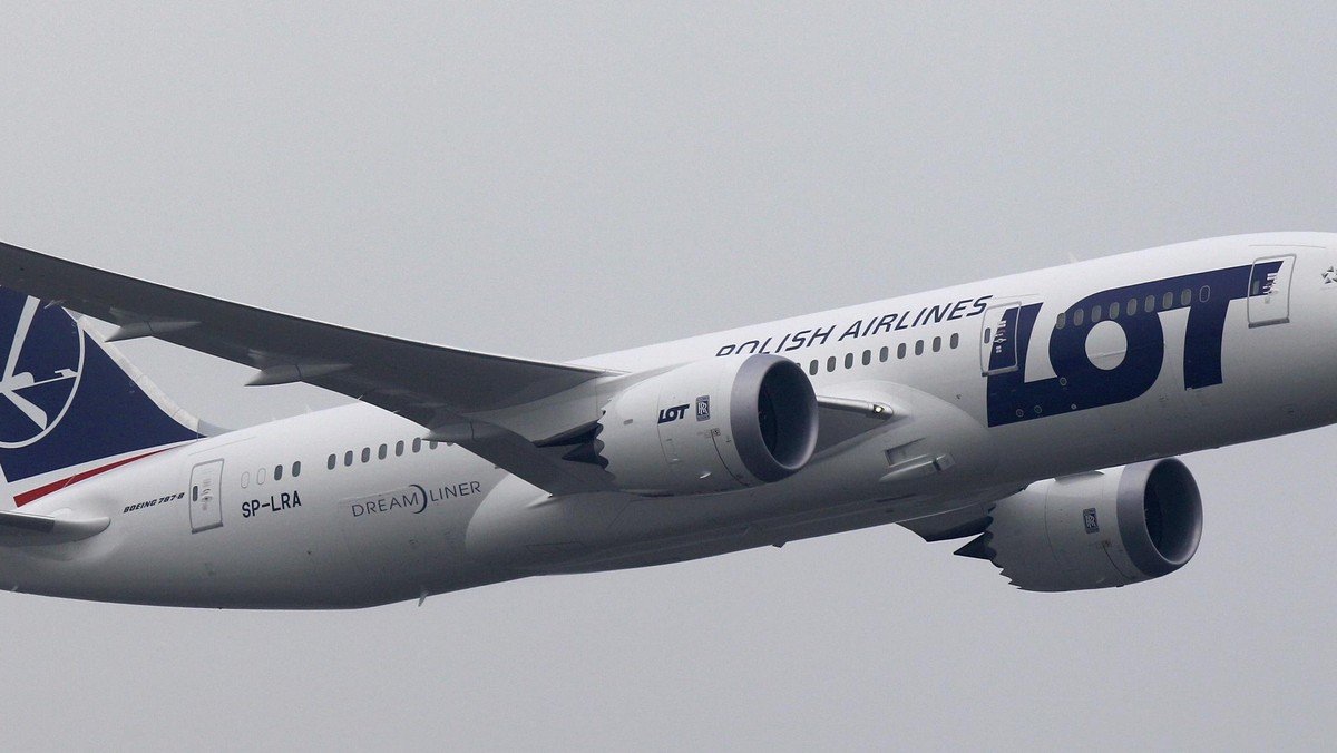 Boeing 787 Dreamliner purchased by Poland's LOT Airlines performs a low altitude flyover at the Chopin International Airport in Warsaw