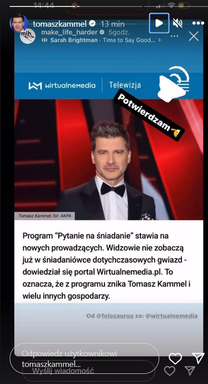 InstaStory z profilu Tomasza Kammela