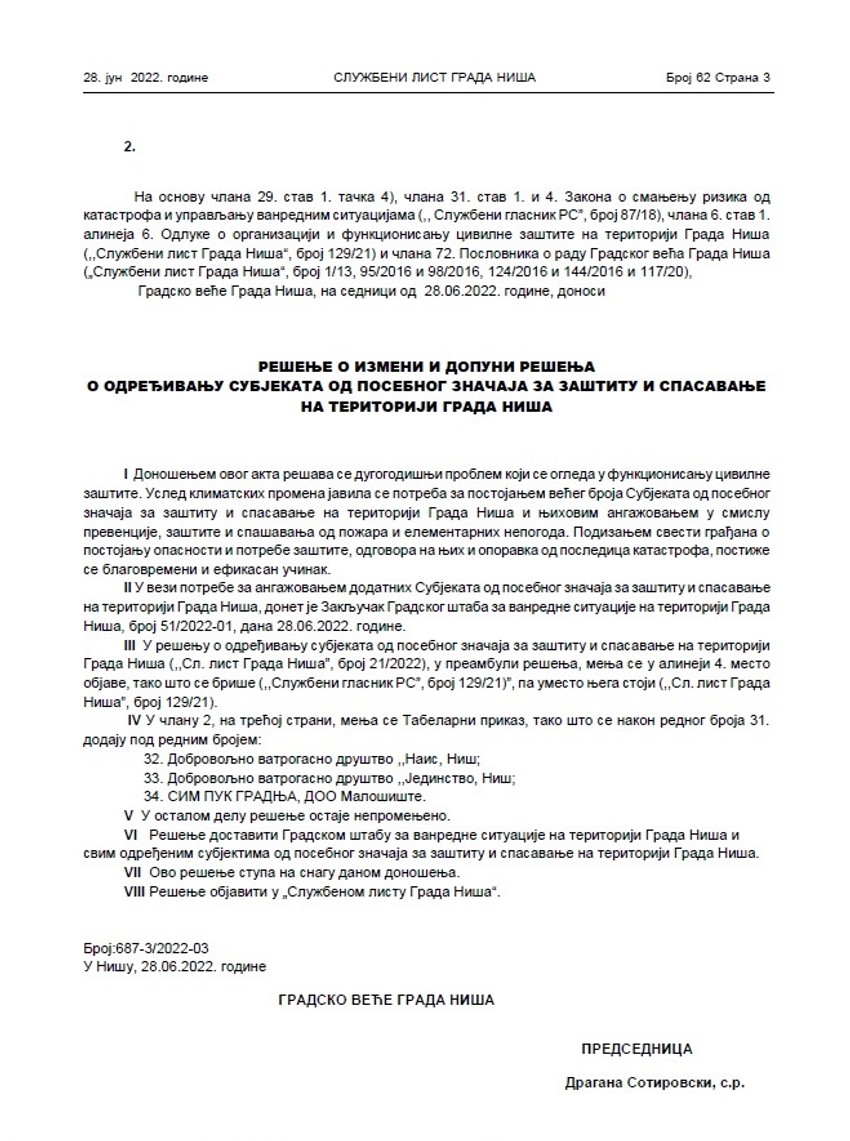 Rešenje Gradskog veća objavljeno u Službenom listz grada Niša