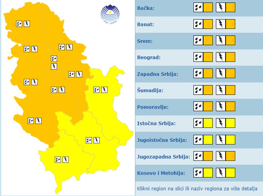 Na snazi narandžasti i žuti meteoalarm za 30. maj