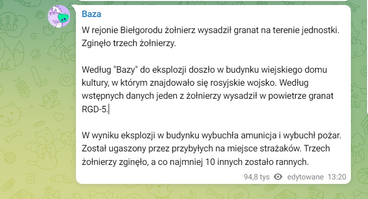 Informację podał kanał Baza na Telegramie