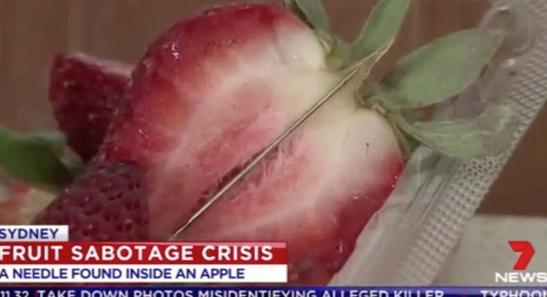 A needle in a strawberry, as seen on Australian TV news.