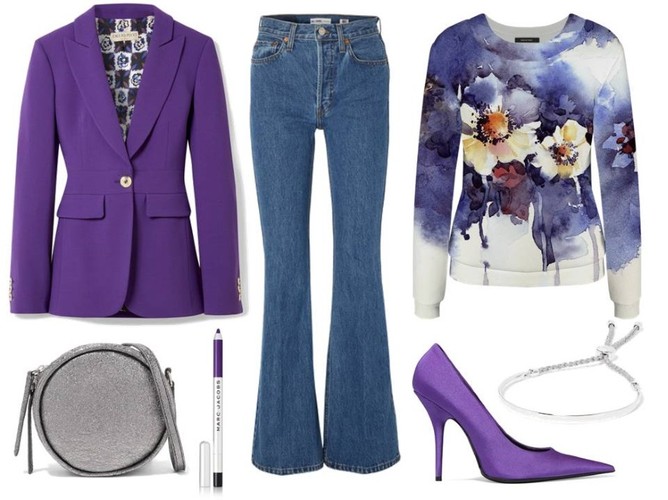 Jagodowy fiolet. STYLIZACJA: Bluza- More’Moi  /moremoi.com,  jeansy, dodatki i biżuteria- TK Maxx, buty Balenciaga/balenciaga.com, żakiet Emilio Pucci/emiliopucci.com, torebka Kara/kara.com