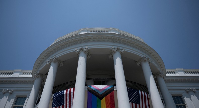 A Pride flag is displayed during a Pride celebration on the South Lawn of the White House in Washington, DC, on June 10, 2023.BRENDAN SMIALOWSKI/AFP via Getty Images