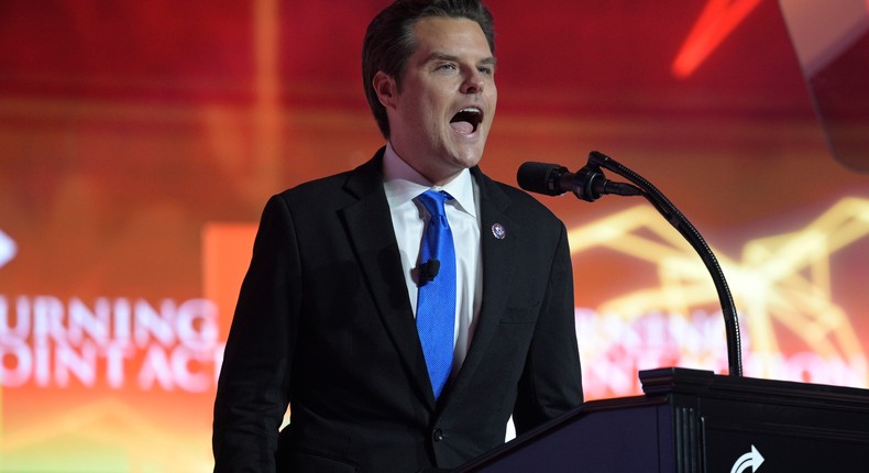 Rep. Matt Gaetz addresses attendees during the Turning Point USA Student Action Summit on July 23, 2022, in Tampa, Florida.