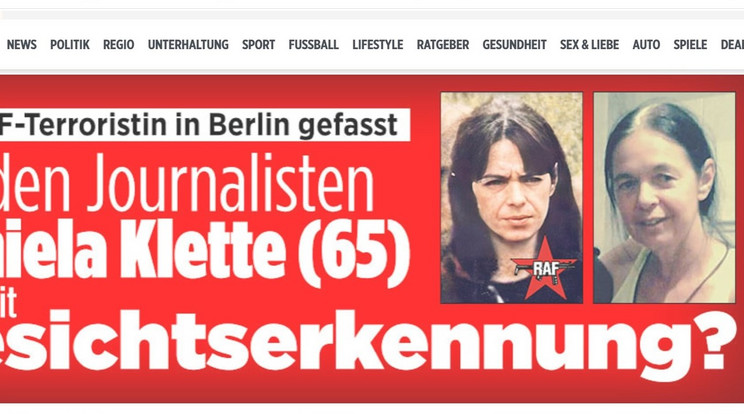 A Bild cimlapja, amely hírt ad a régóta körözött terrorista elfogásáról / Fotó: Bild.de -printscreen