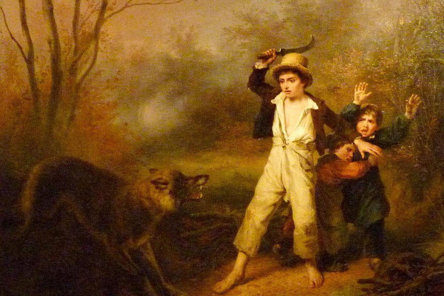 Dawniej nie był to tak rzadki widok: młodzi rolnicy musieli odeprzeć wilka. Malarstwo François Greniera de Saint-Martin (1833)