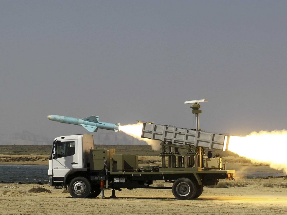 An Iranian long-range shore-to-sea missile called the Nasr is launched on the Sea of Oman's shore near the Strait of Hormuz in southern Iran on January 2, 2012.