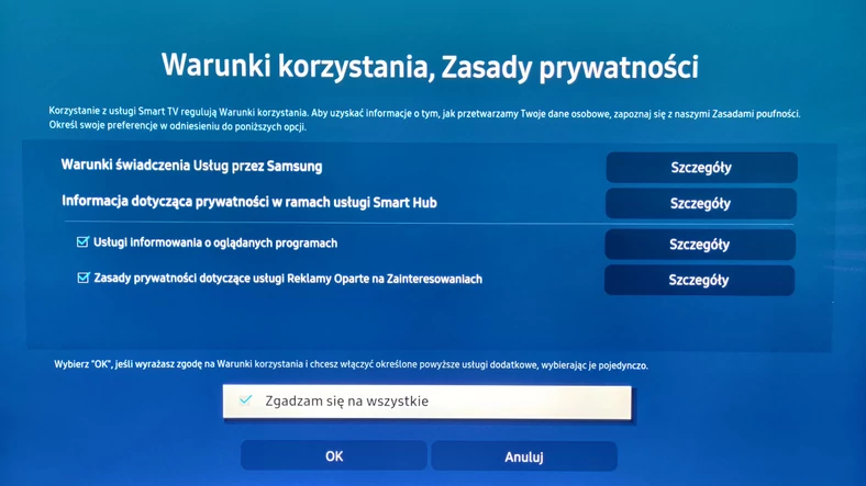 Opcje prywatności na telewizorze Samsunga