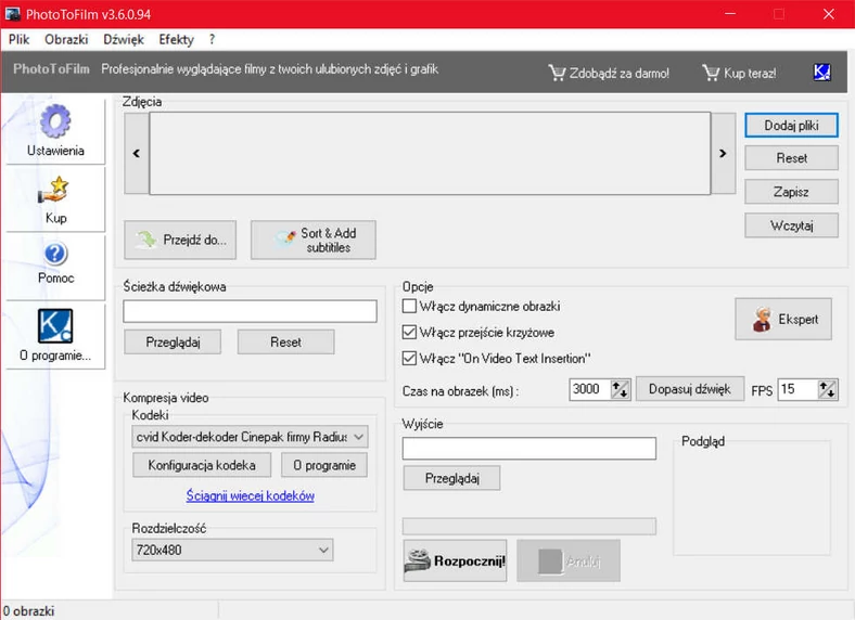Główne okno programu do tworzenia filmowych pokazów ze zdjęć - PhotoToFilm