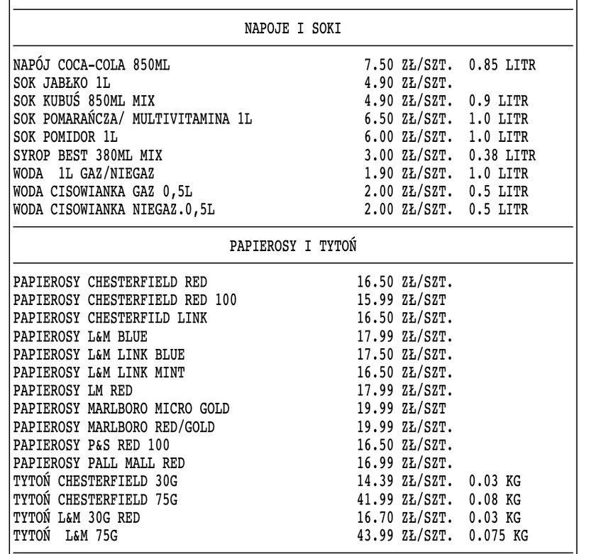 Przykładowe ceny z kantyny w Przytułach Starych.