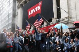 Levi Strauss & Co. CEO Chip Bergh and CFO Harmit Singh pose ahead of IPO outside the New York Stock 