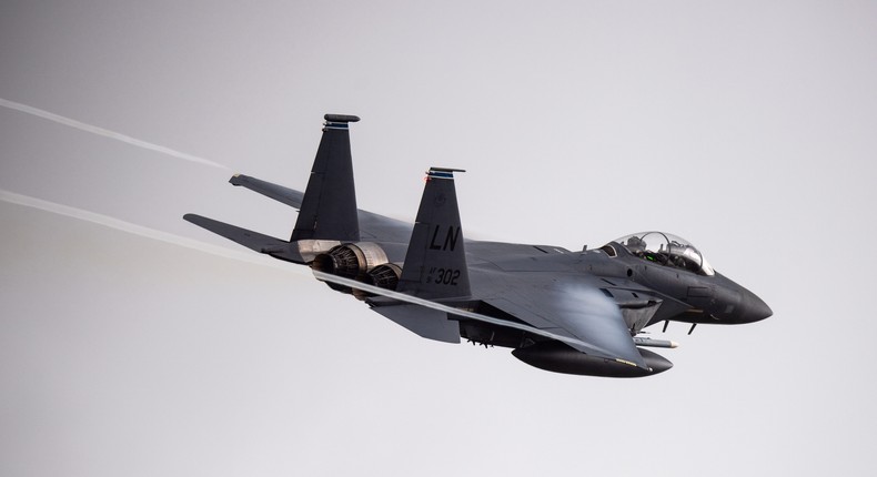 An F-15E assigned to the 492nd Fighter Squadron takes off at RAF Lakenheath.US Air Force photo by Airman 1st Class Jessi Monte