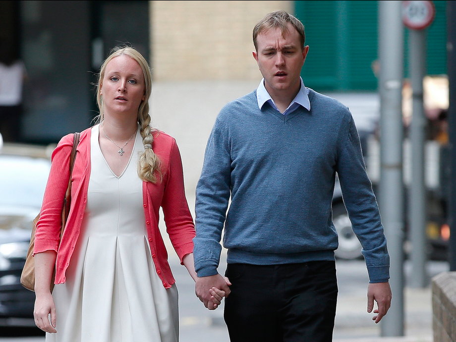 Former trader Tom Hayes arrives at Southwark Crown Court with his wife Sarah, in London, Britain, August 3, 2015.